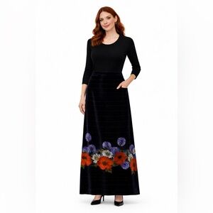Vintage Velvet Black A-Line Long Skirt with Floral Design